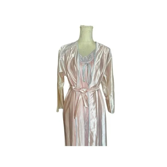 Vintage Lorraine Peignoir SetBlush Pink Satin Nightgown & Robe1980s Embroi